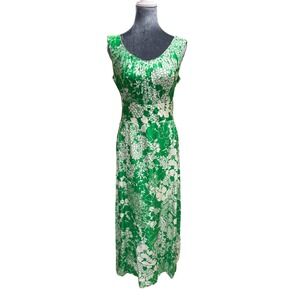 Vintage Waltah Clarke Dress Made in Honolulu Green Floral Maxi 60s 70s Style